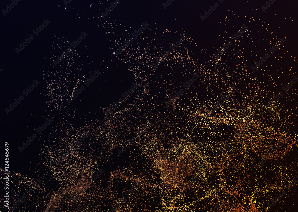 Poster abstract 3d rendering of chaotic particles. flying cubes in empty space. dynamic shape. futuristic b