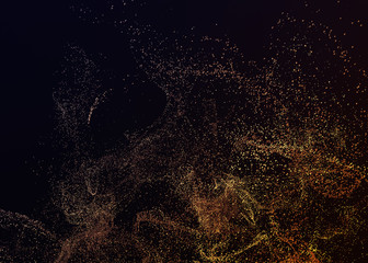 Abstract 3d rendering of chaotic particles. Flying cubes in empty space. Dynamic shape. Futuristic background. Poster design.