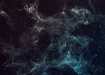 Abstract 3d rendering of chaotic particles. Flying cubes in empty space. Dynamic shape. Futuristic background. Poster design.