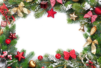 Fototapeta na wymiar Christmas frame with decor and fir tree