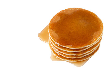 Pancakes with maple syrup isolated on a white background. Breakfast, snacks.