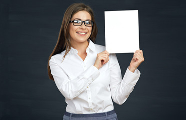 smiling business woman holding advertising board.