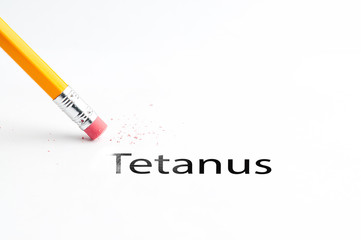 Closeup of pencil eraser and black tetanus text. Tetanus. Pencil with eraser.