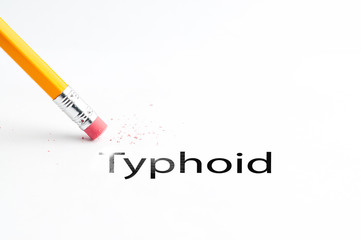 Closeup of pencil eraser and black typhoid text. Typhoid, paratyphoid diseases. Pencil with eraser.