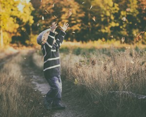Happy little boy playing outdoor in beautiful autumn scenery