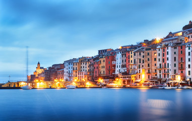 Portovenere old village on the sea. Church, harbour and houses. Five lands, Cinque Terre, Liguria,...