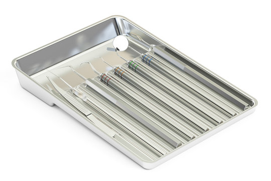 Dental Instruments In Metallic Tray, 3D Rendering