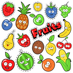 Funny Fruits Emoticons Badges, Patches, Stickers - Banana Apple Pear and Lemon in Pop Art Comic Style. Vector illustration