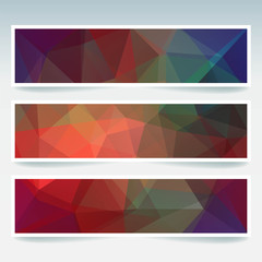 Horizontal banners set with polygonal dark colorful triangles. Polygon background, vector illustration. Autumn-colored. Red, orange, green, brown, blue colors