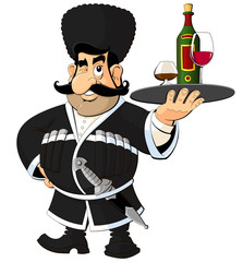 Caucasian man in national costume offers wine and brandy.