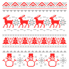 Obraz na płótnie Canvas Merry Christmas Traditional Scandinavian Knitting Pixel Borders with Reindeer and Christmas Tree. Vector illustration