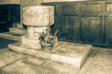 Font of The Blessed Virgin Mary in Emborough Somerset HDR BW