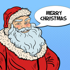 Pop Art Smiling Santa Claus wishing Merry Christmas in Comic Speech Bubble. Vector illustration