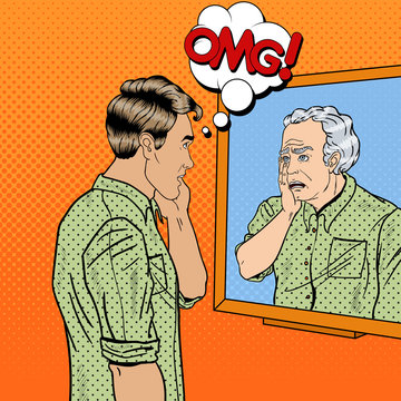 Pop Art Shocked Man Looking At Older Himself In The Mirror. Vector Illustration