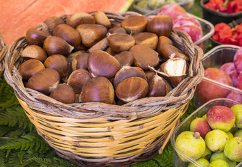 Basket of Fresh Chestnut in Fruit Market