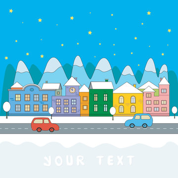 Greeting, Christmas card. Urban winter landscape on a background of mountains. Christmas vector illustrations