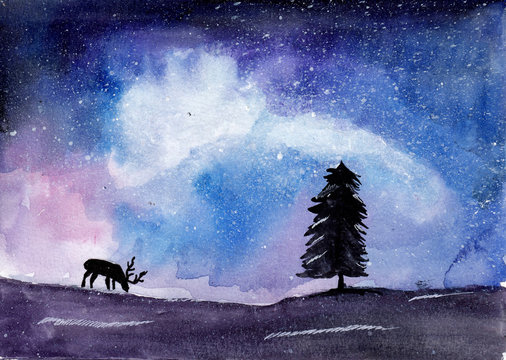 Deer on watercolor galaxy background