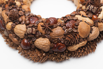 Closeup of Christmas wreath on white background