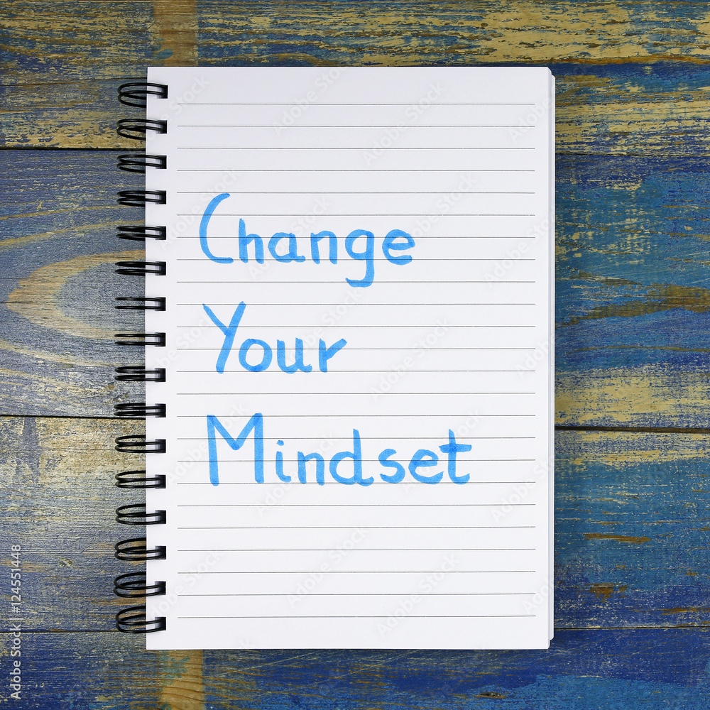 Poster change your mindset text written in notebook on wooden background