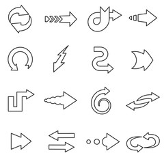 Arrows set. Arrow of different shapes, linear symbols collection. Pointer direction,isolated vector illustration.
