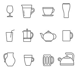 utensils for liquids icons set. All kinds of utensils for pouring liquids, linear symbols collection