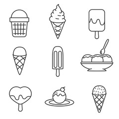 ice cream icons set, thin line design. dessert snack. sweets, linear symbols collection