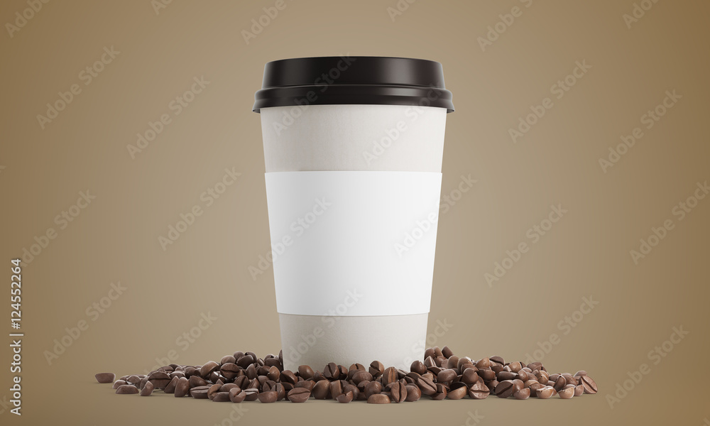 Wall mural White cup of coffe against beige background