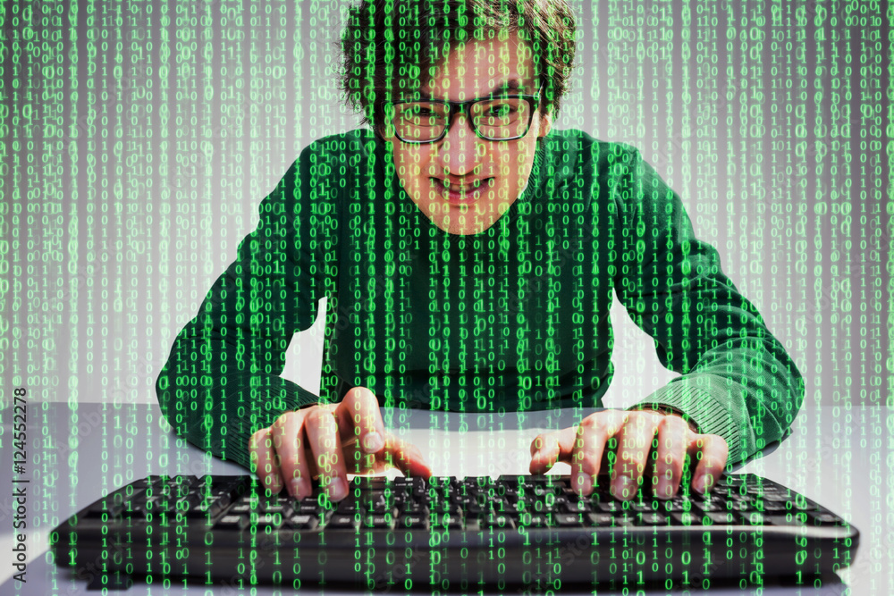 Poster nerdy guy with green data flow