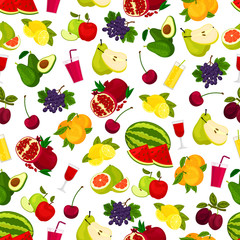 Fresh ripe fruits and juicy drinks pattern