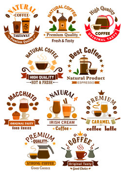Coffee sorts emblems set for cafe, restuarant