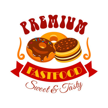 Sweet and tasty donut and cake fast food emblem