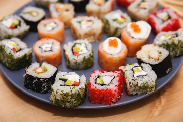 Sushi set on a blue plate