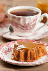 Homebaked Cake, Maple Leaf Shape. Cup Of Tea. Toffee Souce.