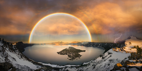 Crater lake with double rainbow and lightning bolt - Powered by Adobe