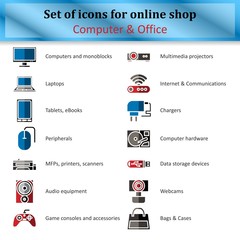 Naklejka premium Set of icons of various computer equipment for sections of onlin