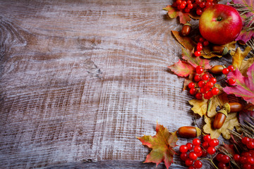 Border of ripe fruits and fall leaves on the dark wooden backgro