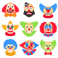 Vector big set with different clowns cartoon. Vector pack with scary, crazy and funny clown.
