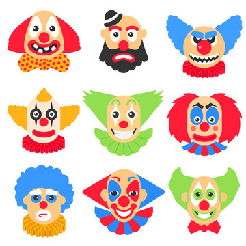 Vector big set with different clowns cartoon. Vector pack with scary, crazy and funny clown.