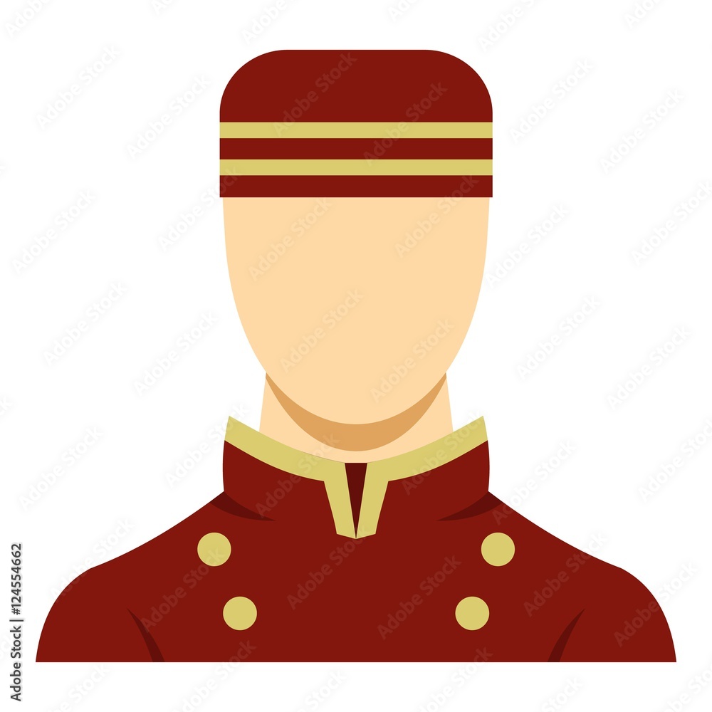 Poster doorman in red uniform icon. flat illustration of doorman vector icon for web design
