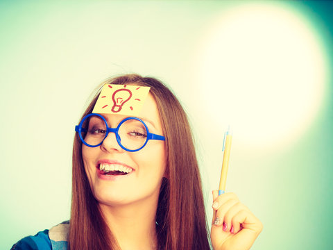 Woman Thinking Light Idea Bulb On Head, Creative Girl Lots Of Ideas