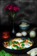 Breakfast with Turkish spicy shakshuka, still life