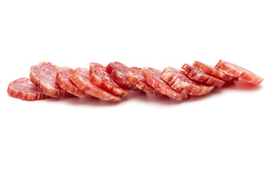 Salami smoked sausage slices isolated on white background cutout