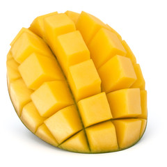 Sliced mango cubes isolated on white background