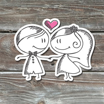 hand drawn wedding couple, groom and bride, paper sticker on realistic wood texture