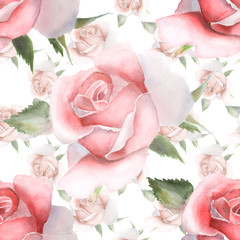 Seamless pattern with pink watercolor roses.