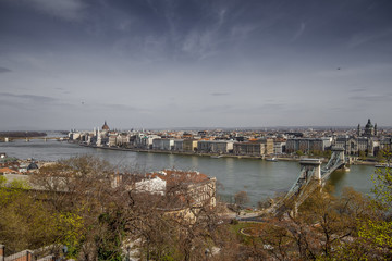Budapest, capital of Hungary, view of the Parliament from the Palais Royal gardens and the Danube river