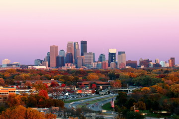Minneapolis Skyline during Autumn at Sunset from Plymouth, Minnesota - obrazy, fototapety, plakaty