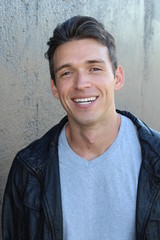 Obraz premium Laughing big white smile perfect straight teeth dental patient headshot male youthful genuine