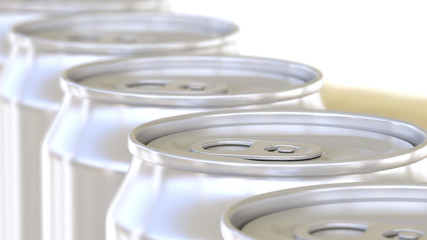 Aluminum cans on conveyor. Soft drinks or beer production line. Recycling packaging. 3D rendering