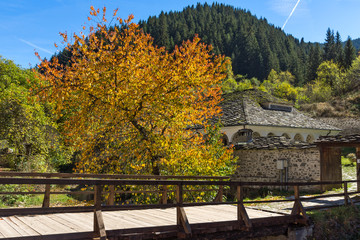 Naklejka premium Amazing view of Church of the Assumption, river and Autumn tree in town of Shiroka Laka, Smolyan Region, Bulgaria